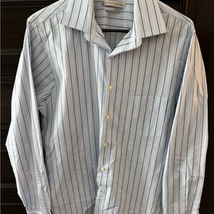 Geoffrey Beene Men's White and Blue Pinstripe Dress Shirt